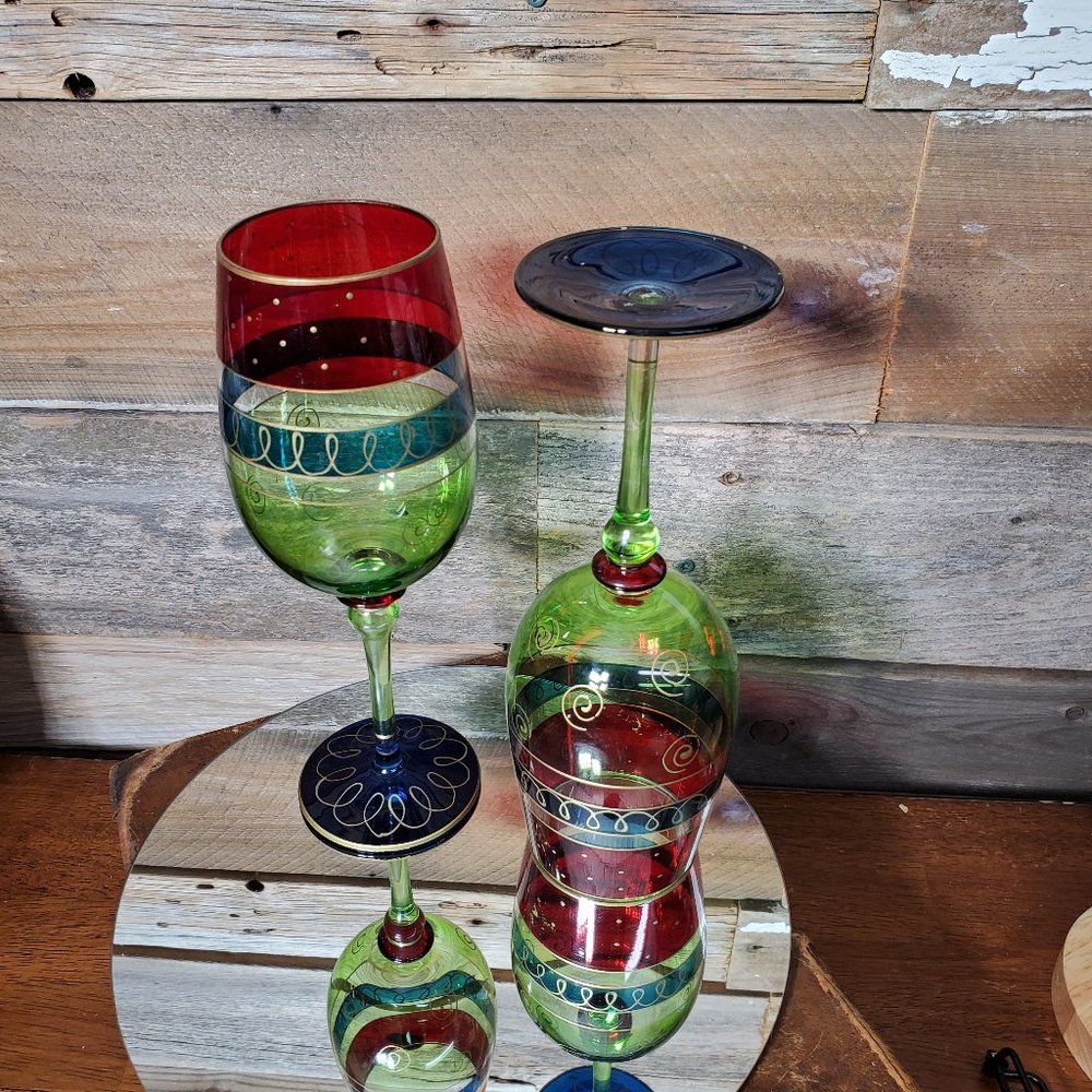 Vintage 90's Handpainted Crystal Christmas Bordeaux Wine Glasses - Pair - Picture 3 of 7